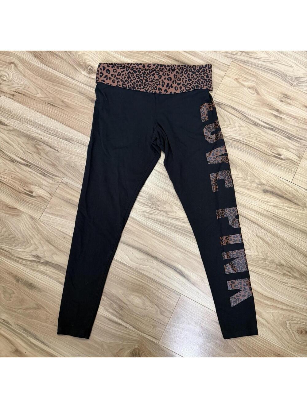 PINK Victoria's Secret Black Leopard Foldover Waist Leggings L